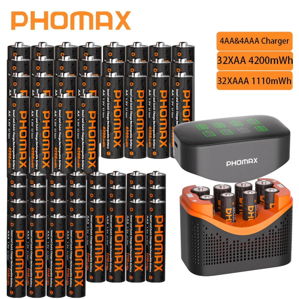 PHOMAX New Fast Charger&Rechargeable Battery,1.5V AA 4200mWh & AAA 1110mWh Lithium Battery  For  Remote Control Mouse SmartDoor