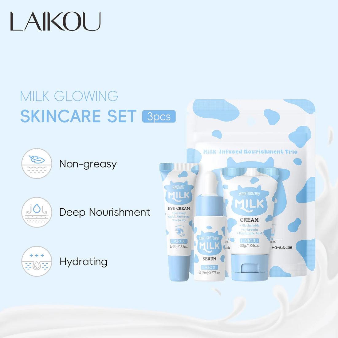 LAIKOU Milk Skincare Travel Set 3pcs Niacinamide Hyaluronic Acid Face Serum Eye Cream Face Cream Moisturizing Glowing Skin Care