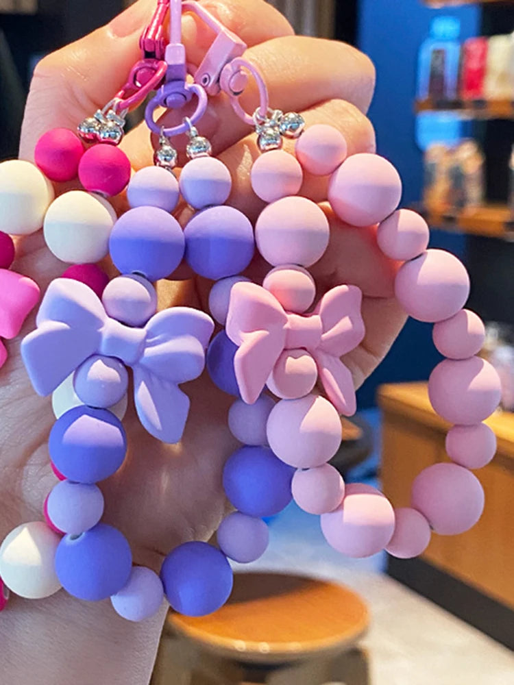 Pink Pearl Bow Keychain, Mobile Phone Chain, Earphone Bag, Anti-Lost Rope, Car Keychain, Beaded Pendant, Backpack Pendant Access