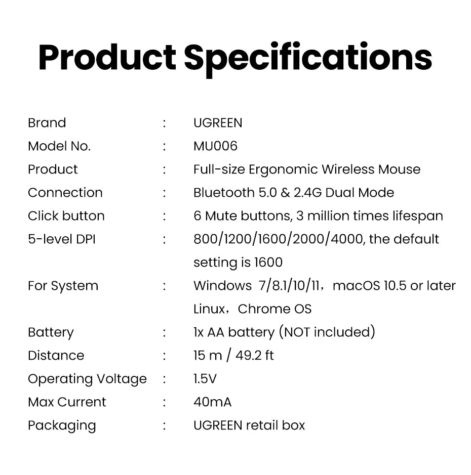 UGREEN Ergonomic Mouse, 6-Button Wireless 2.4G Bluetooth Dual Mode, 5-Level 4000 DPI Adjustable , Silent Click for PC Laptop