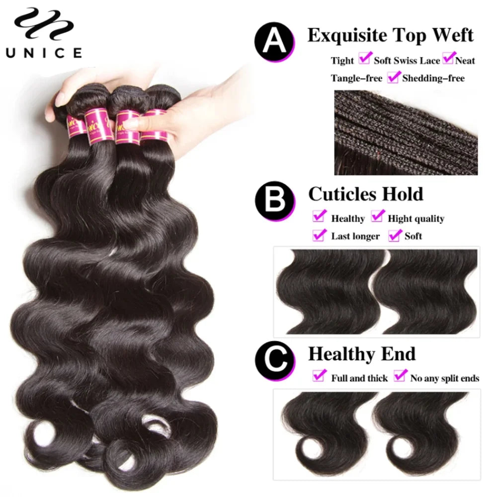 UNice Hair 10A Grade Body Wave Human Hair Bundles 2/3/4 PCS With 1PC Free Part 4x4 / 5x5 HD Lace Closure / 13x4 Lace Frontal