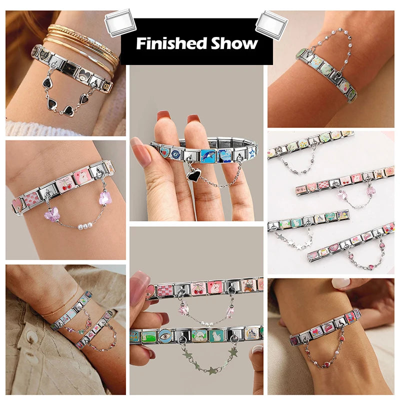 Star Butterfly Heart Zircon Round Pearls Tassel Chain Italian Charm Links Fit 9mm Bracelet Stainless Steel Women DIY Making Gift