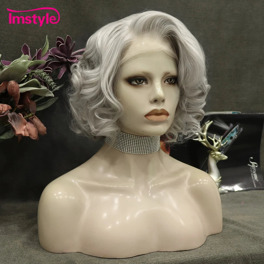 Imstyle Short Wig Grey Synthetic Lace Front Wig Natural Hairline Wavy Wig Heat Resistant Fiber Cosplay Wigs For Women Party Wig