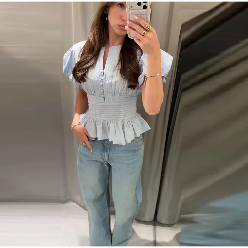Women Round Neck Puff Sleeve Blouse Solid Lace Trim Asymmetrical Hem Slim Fit Shirt 2026 Spring Summer Chic Elegant Casual Top
