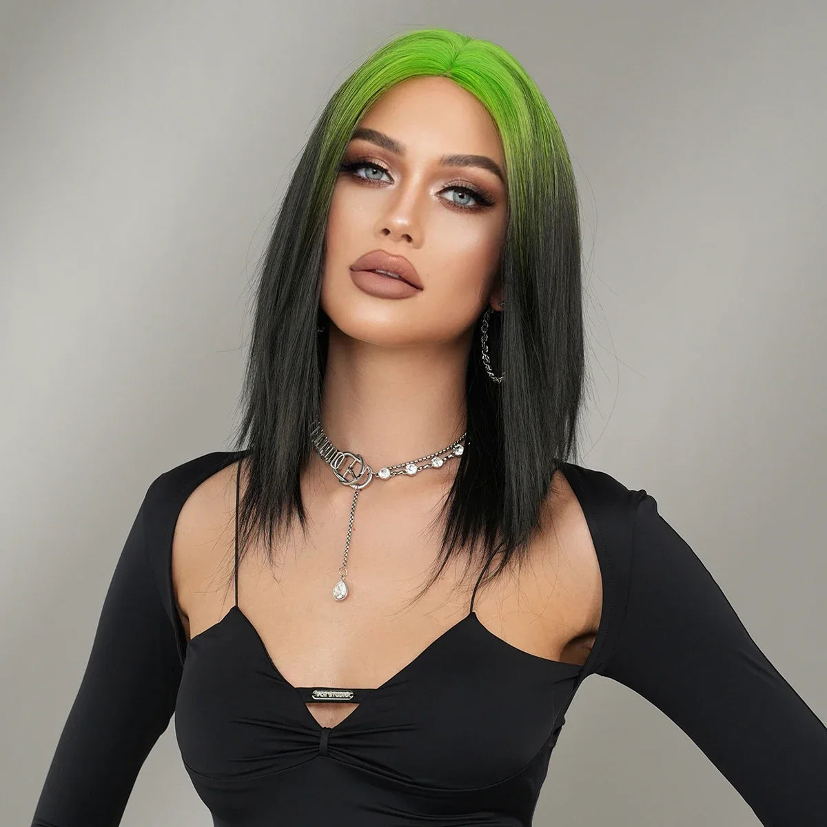 NAMM Synthetic Shoulder Length Middle Part Green Ombre Black Wigs Wigs for Women Daily Party High Density Green Root Wigs