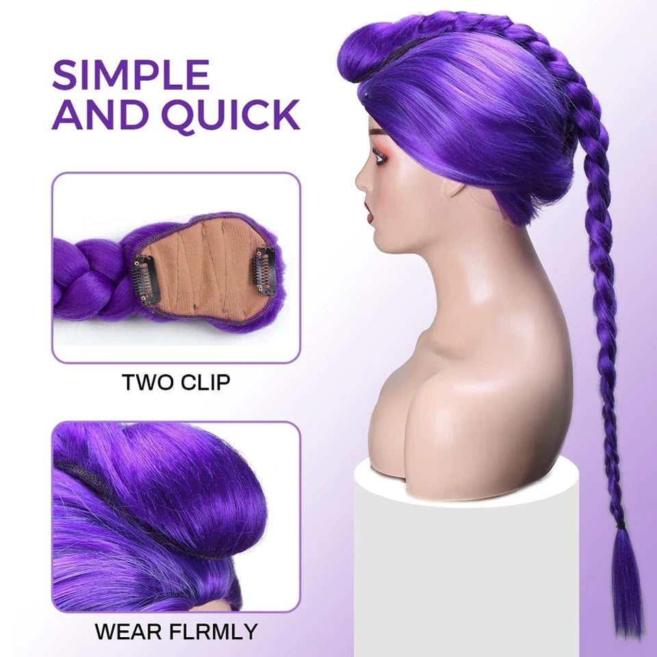 Synthetic Purple Braided Hair Ponytail Rumi Costume Hairstyle Long Ponytail with Rubber band and Clips for Kids Girls Christmas