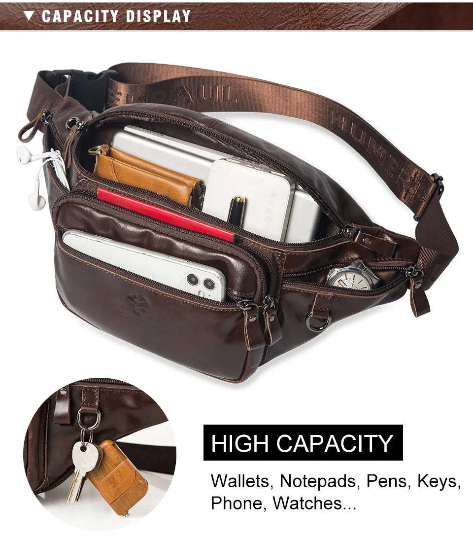 HUMERPAUL Genuine Leather Waist Bag Casual Fanny Pack For Men Multifunction Outdoor Chest Bag Phone Pouch Travel Crossbody Bages
