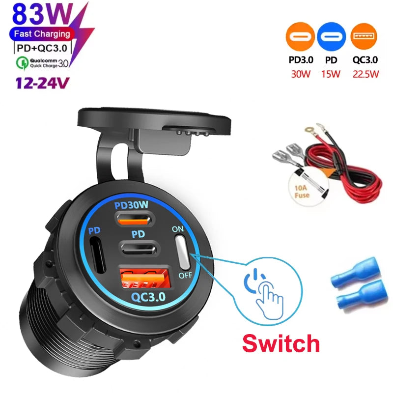NEW 4 Ports Dual PD Dual QC 3.0 USB Car Charger with Voltmeter Socket Power Outlet Adapter Waterproof for 12V/24V Car Boat