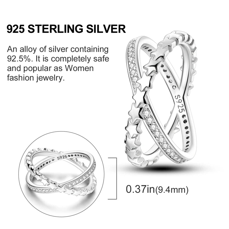 Rings For Women 925 Silver Sparkling Zircon Minimalist Geometric Star X Rings Romantic Wedding Engagement Valentine Jewelry Gift