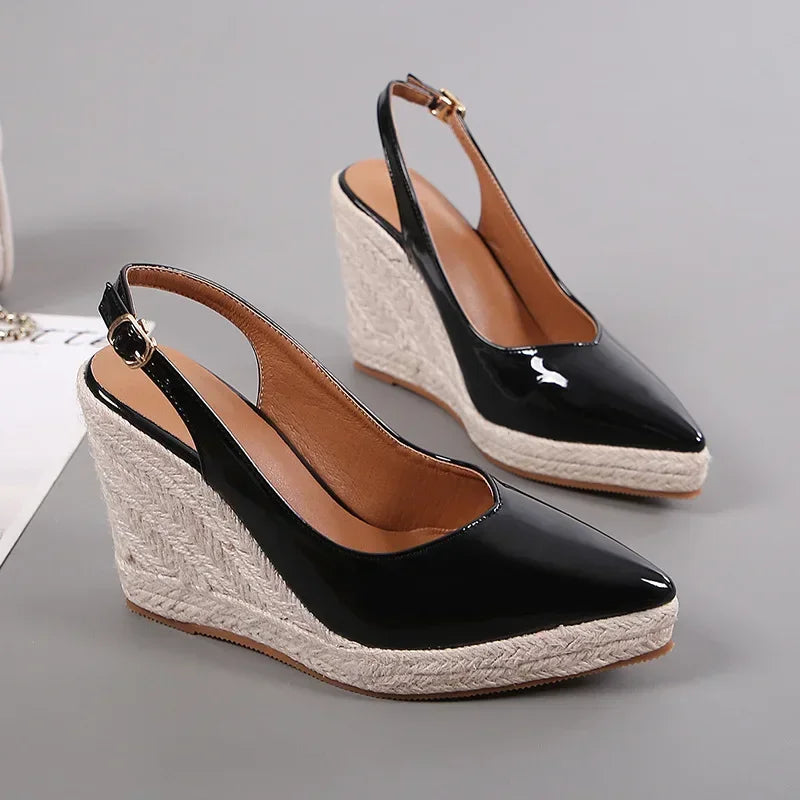 MAGLINS New Women's Wedge Heel Platform High Heel Pointed Toe Women's Shoes Back Empty Drag Fashion Platform Patent Leather