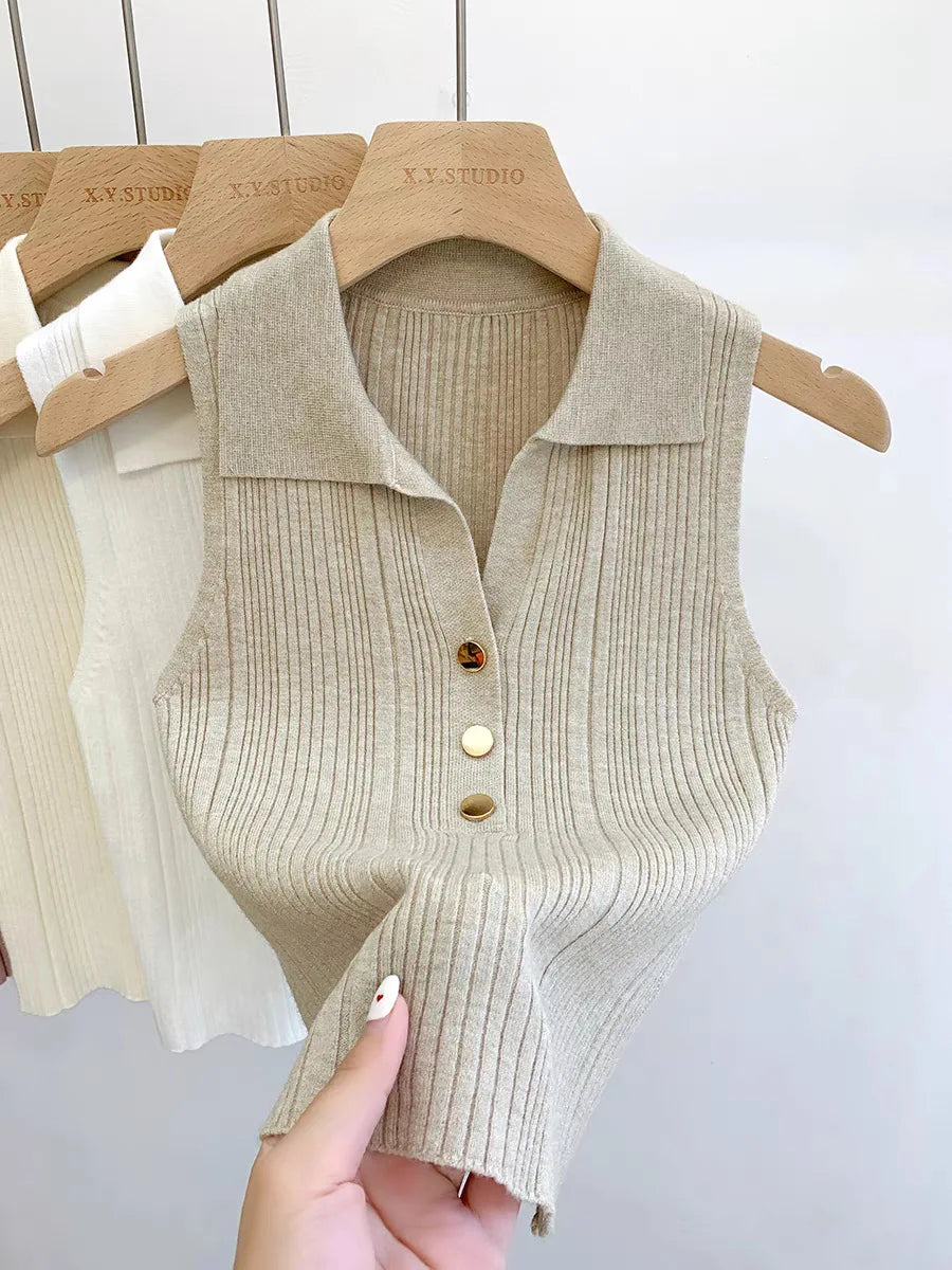 Summer Turn Down Collar Gold Button Slim Knitted Sweater Vests Elegant Knitwear Tank Tops BSTFSC-m1948