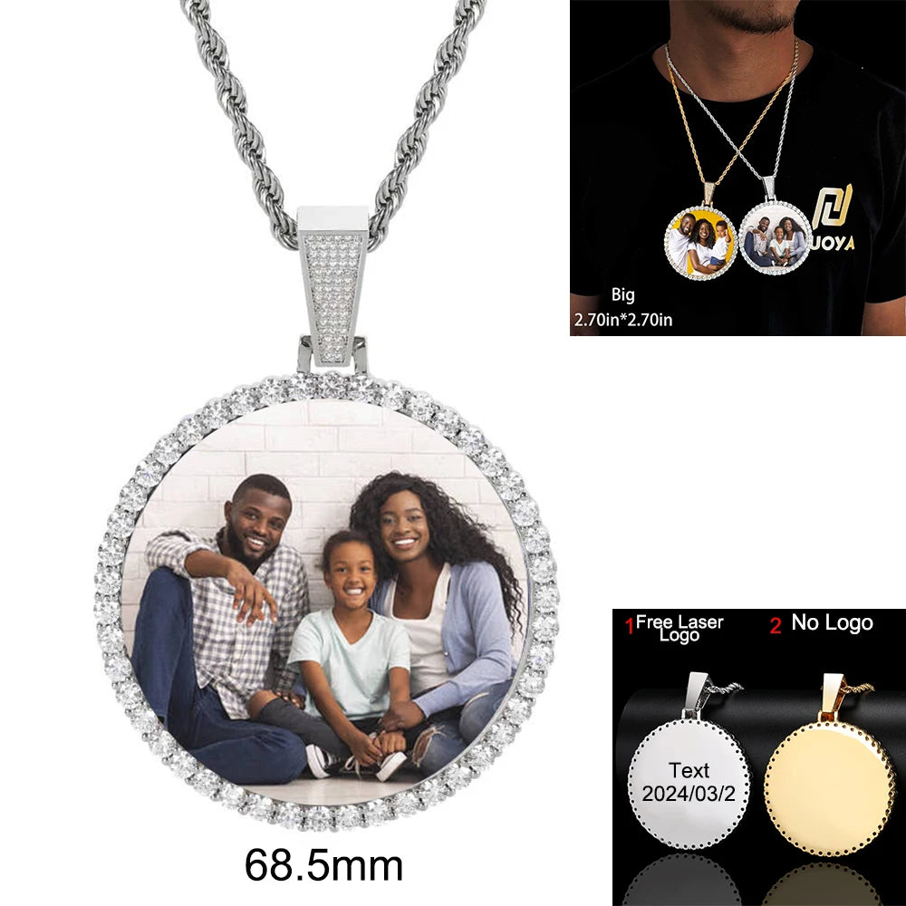 Custom Photo Necklace Circle Chain Personalized Medallion Memory Picture Pendant Solid Back Zircon Hip Hop Jewelry Free Engrave