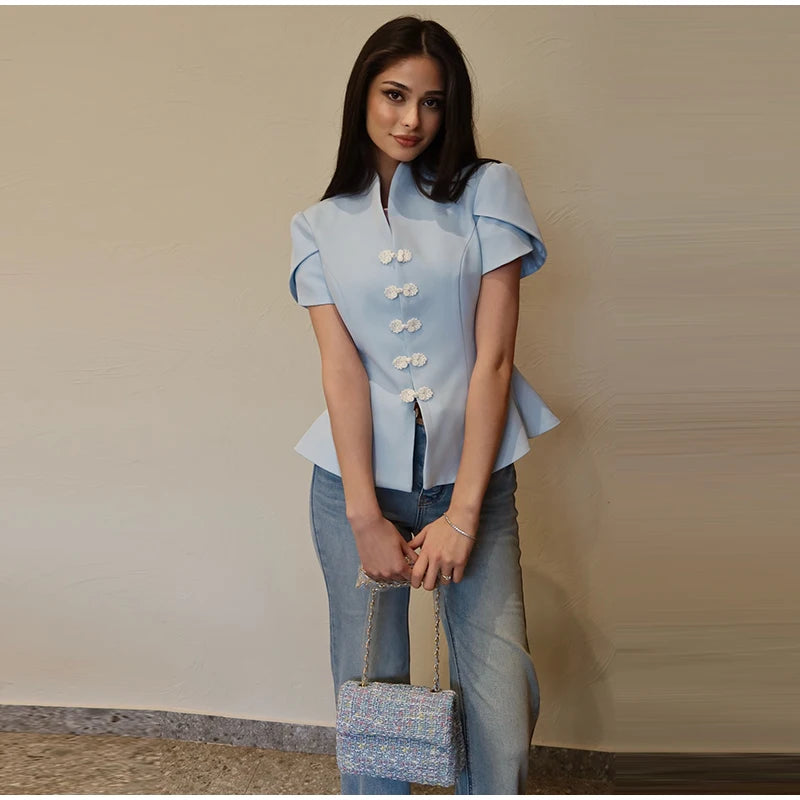 2026 Spring Summer Short Puff Sleeve Frog Button Shirt For Women Stand Collar  Single Breasted Blouse Lady Chic Street Party Top