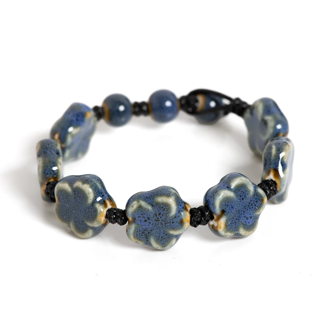 Handmade Ceramic Flower Bracelet 16–18cm Adjustable Cord Jewelry with Pink or Purple Glazed Beads for DIY Boho Style S02-057