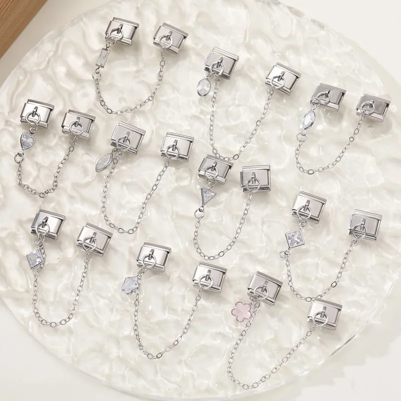 Star Butterfly Heart Zircon Round Pearls Tassel Chain Italian Charm Links Fit 9mm Bracelet Stainless Steel Women DIY Making Gift