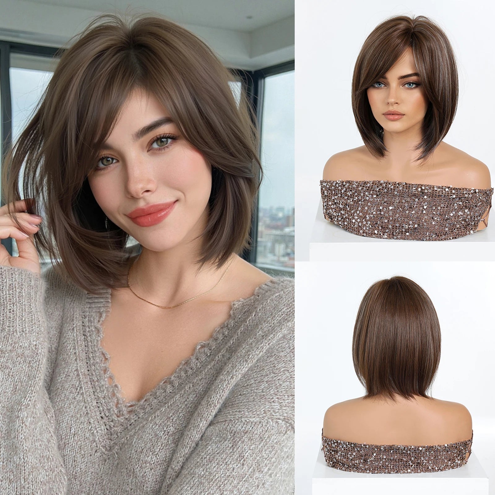 LOUIS FERRE Brown Bob Wig with Bangs for Women Short Synthetic Hair Wig Heat Resistant Natural Looking Daily Cosplay Party Use