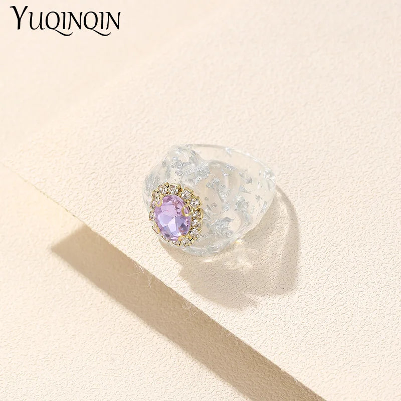 New Trendy Colorful Acrylic Rhinestone Rings Sets for Women Flower Large Finger Rings for Girls Korean Party Jewelry INS Gifts