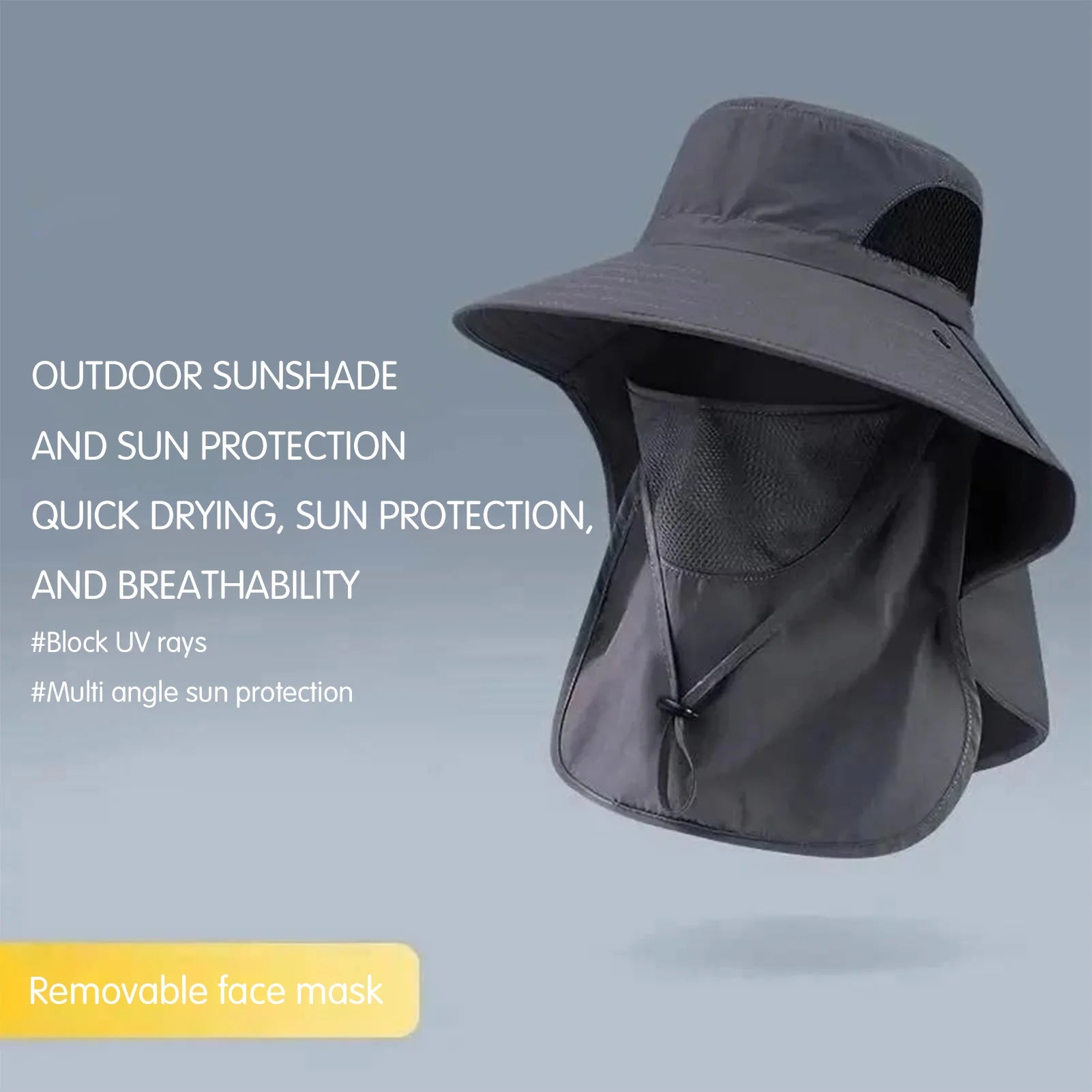 Polyester Sun Fishing Hat With Neck Cover Wide Brim UV Protection Breathable With Chin Strap For Beach Hiking Men Women
