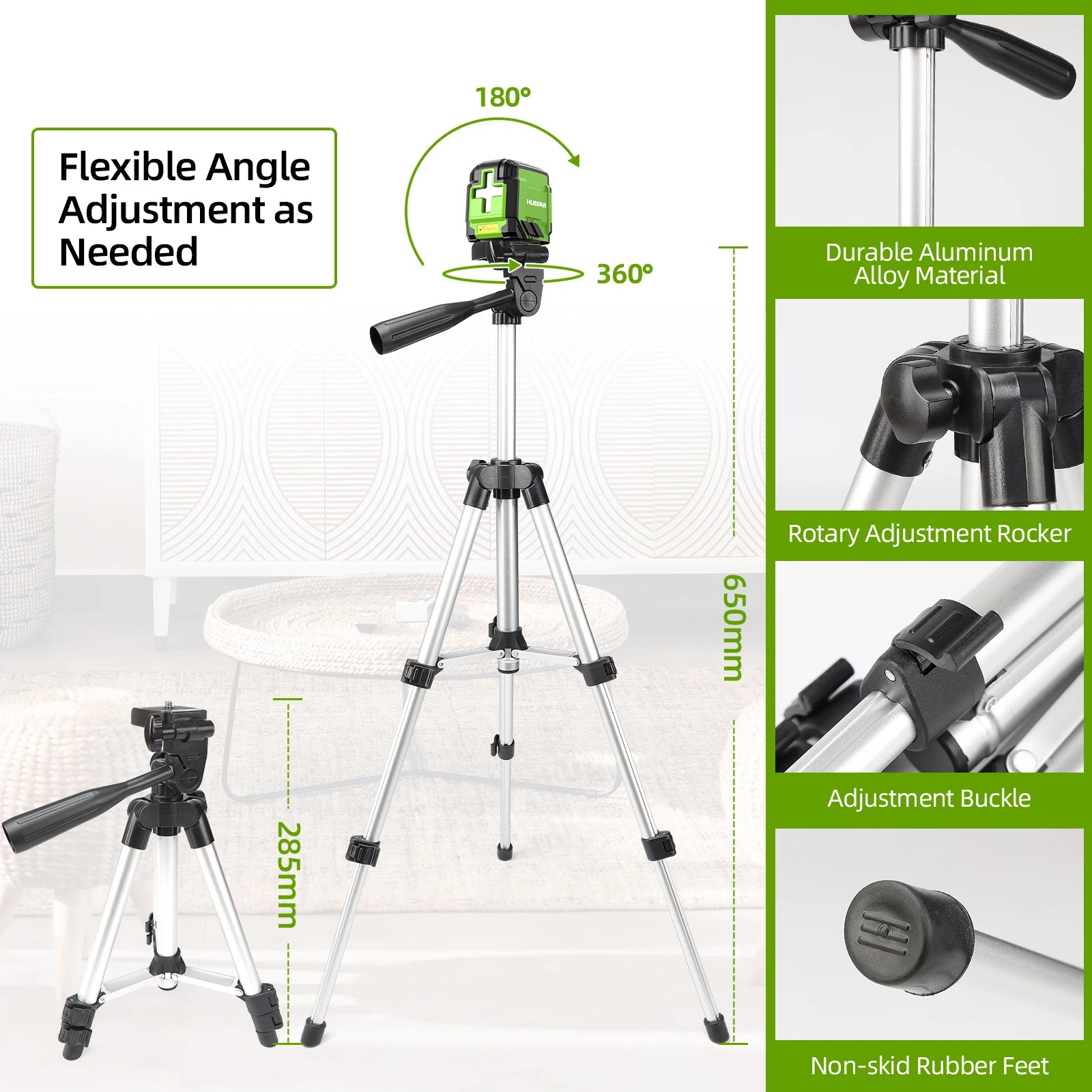 Huepar 2 Lines Laser Level with Tripod 98Ft Self-Leveling Horizontal & Vertical Green Cross Line Laser with Carrying Bag