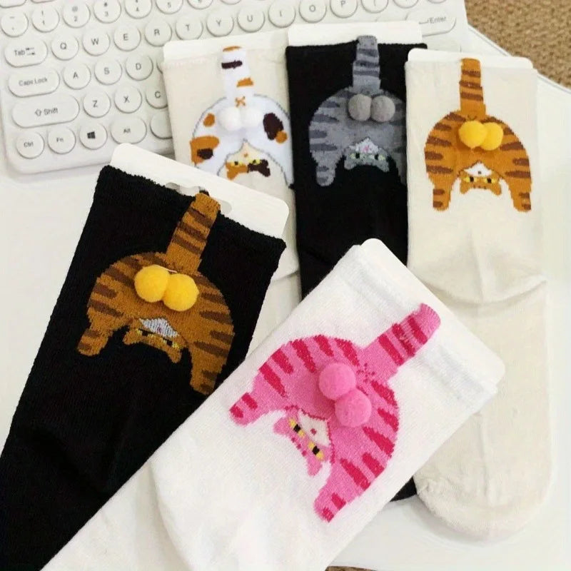 Cartoon Cat Egg Couple Socks Cozy Mid-Calf for Maternity Warm Winter Cute Present for Christmas Cat Lovers Family