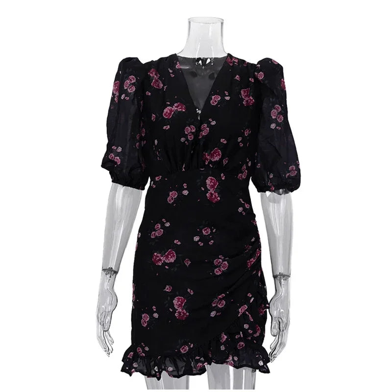 Women Elegant Printed Short Dress Chic V-neck Short Sleeve A-line Bodycon Mini Dresses 2026 Lady New Summer Vacation Street Robe