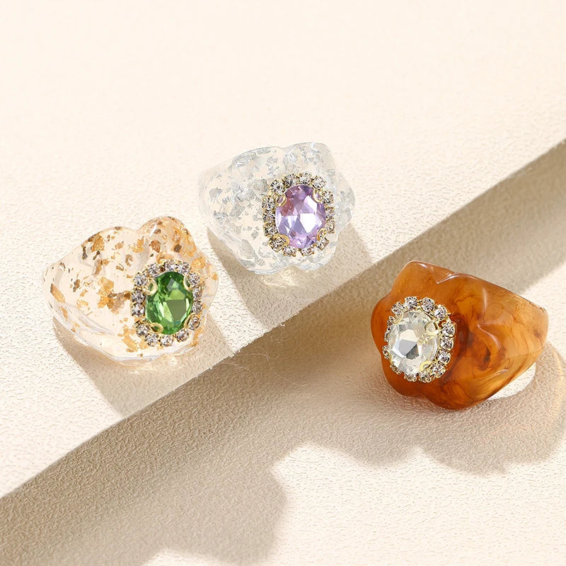 New Trendy Colorful Acrylic Rhinestone Rings Sets for Women Flower Large Finger Rings for Girls Korean Party Jewelry INS Gifts