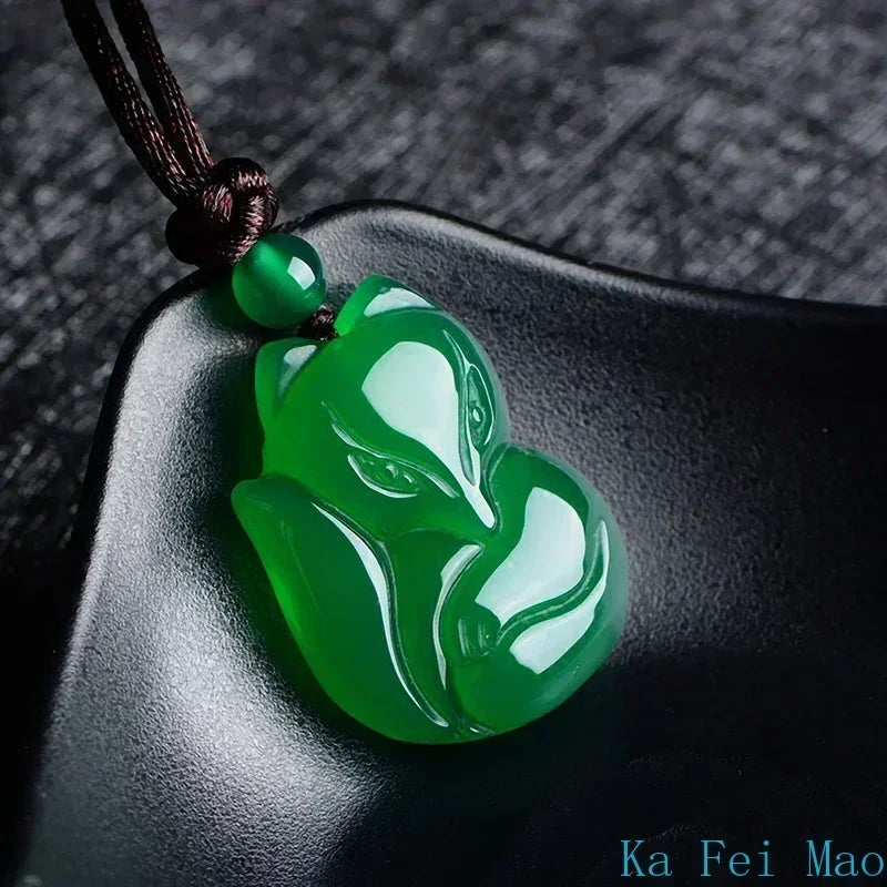Jade Fox Necklace Pendant Natural Green White Chalcedony Chinese Fashion Charm Jewelry Carved Amulet Gifts for Women Men