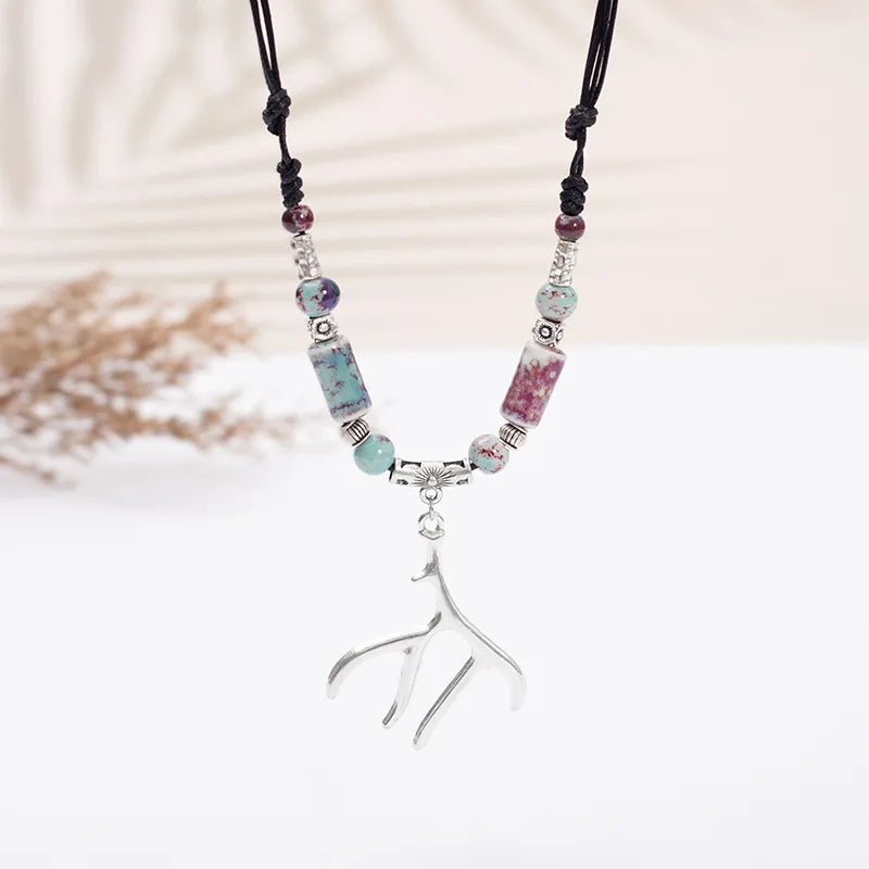 Fashion Ethnic Jewelry Traditional Handmade Ornaments Weave Wax Rope Ceramics Necklace Ceramics Beads Pendant Long Necklace