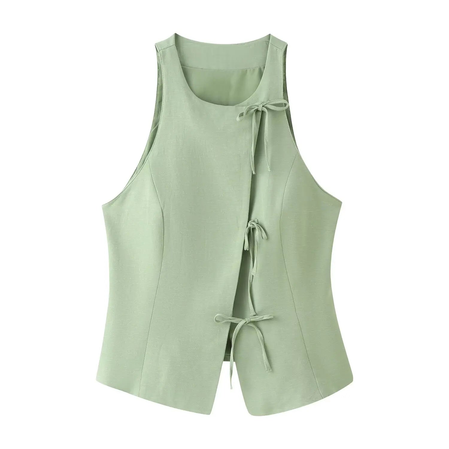Women Green Bowknot Wide-leg Pant Suits Chic Solid Sleeveless Lace Up Slim Fit Long Pant Sets 2026 Lady Daily Street Outfits New