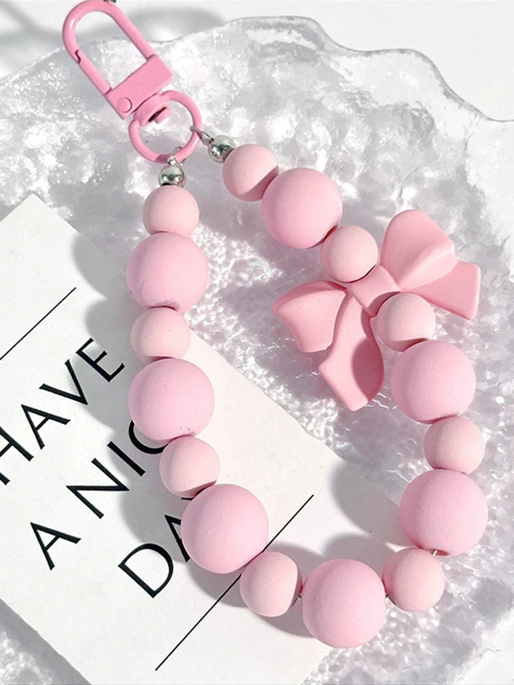 Pink Pearl Bow Keychain, Mobile Phone Chain, Earphone Bag, Anti-Lost Rope, Car Keychain, Beaded Pendant, Backpack Pendant Access