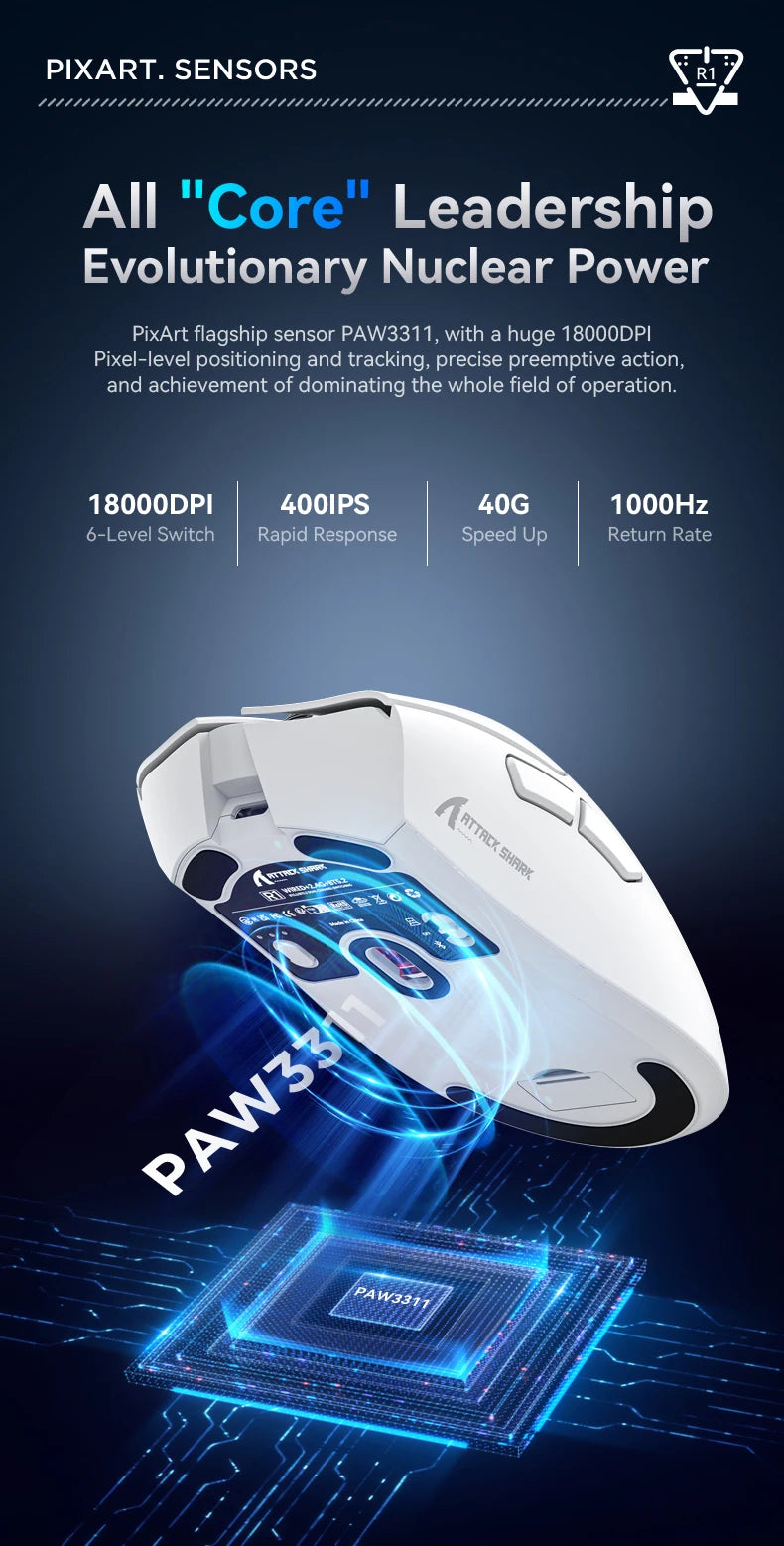 Attack Shark R1 Wireless Gaming Mouse 1000Hz 18000DPI PAW3311 Tri-Mode Connection Macro Programmable Ergonomic Game Mice for PC