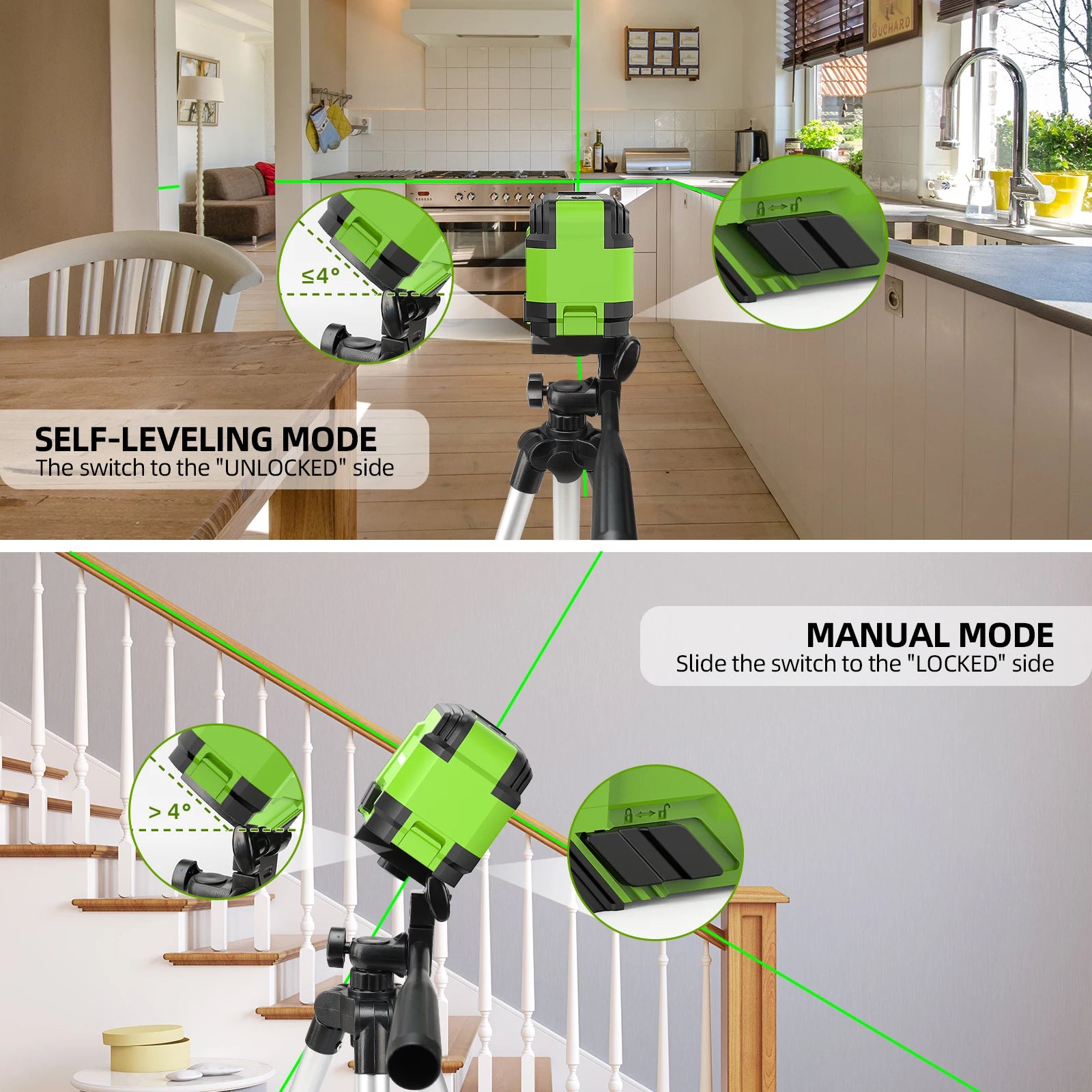 Huepar 2 Lines Laser Level with Tripod 98Ft Self-Leveling Horizontal & Vertical Green Cross Line Laser with Carrying Bag