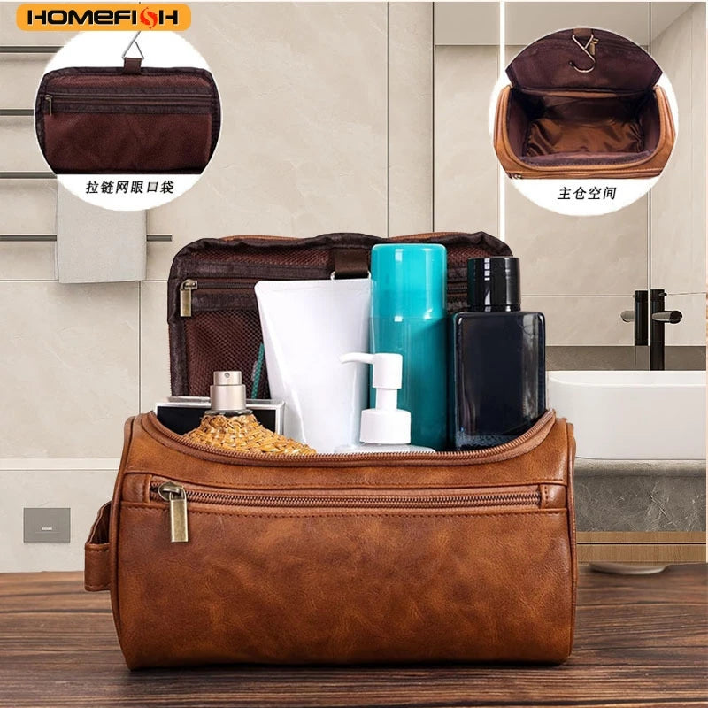 HOMEFISH Men PU Vintage Luxury Toiletry Bag Travel Necessary Business Cosmetic Makeup Cases Male Hanging Storage Organizer Wash