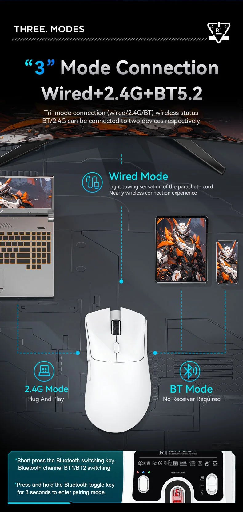 Attack Shark R1 Wireless Gaming Mouse 1000Hz 18000DPI PAW3311 Tri-Mode Connection Macro Programmable Ergonomic Game Mice for PC