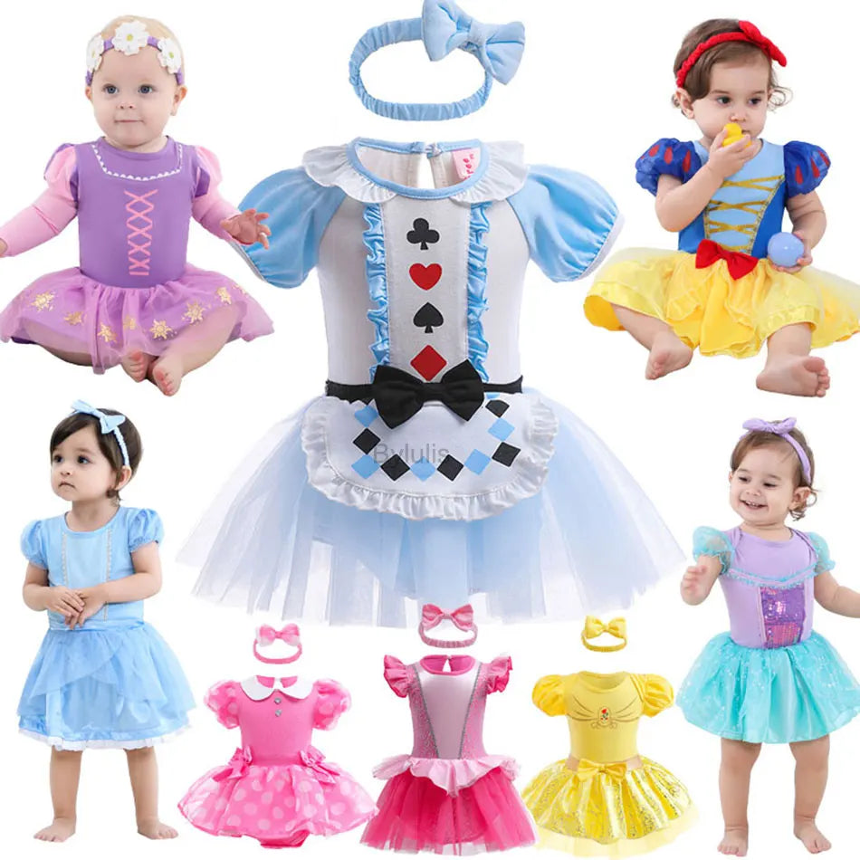 Baby Girls Costumes Kid Romper Tutu Dress with Headband Infant Baby Girl Princess Alice Clothes Aurora Belle Dress Party Costume