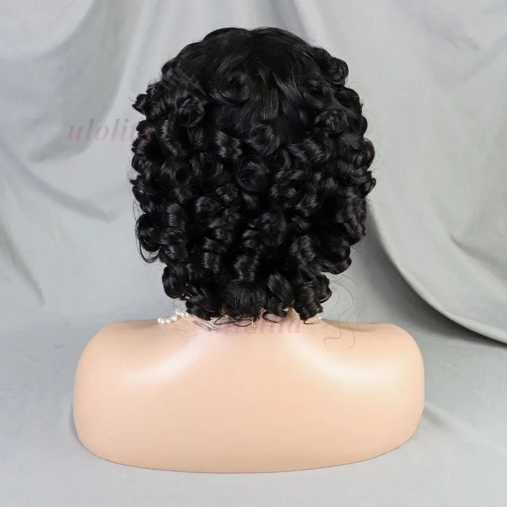 Fumi Curly Human Hair Wigs Fringe Wig Pixie Cut Rose Curly Cheap Full Machine Made Wigs Egg Curl Short Bob Wig With Bangs