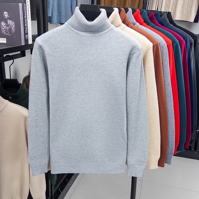 Autumn Mens High Quality Knitted Turtleneck Sweater Slim Fit Long Sleeve Anti-pilling Pullover Solid Color Trend Men Streetwea