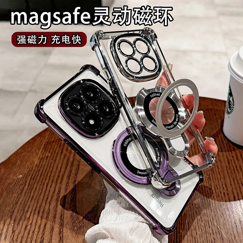 For Redmi Note 15 Pro and Note 15 Pro Plus Case Magnetic Holder Plating Airbag Transparent Camera Protection Shockproof Cover
