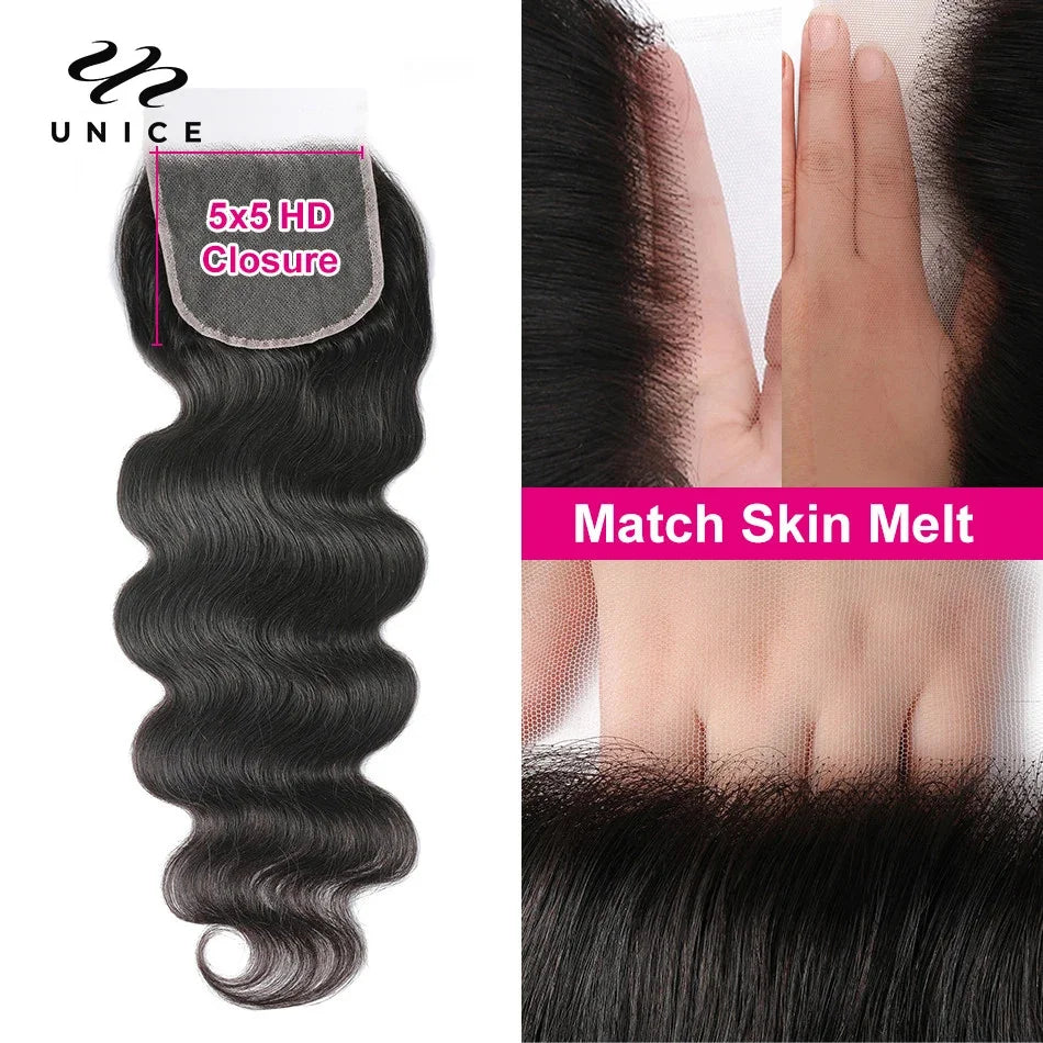 UNice Hair 10A Grade Body Wave Human Hair Bundles 2/3/4 PCS With 1PC Free Part 4x4 / 5x5 HD Lace Closure / 13x4 Lace Frontal
