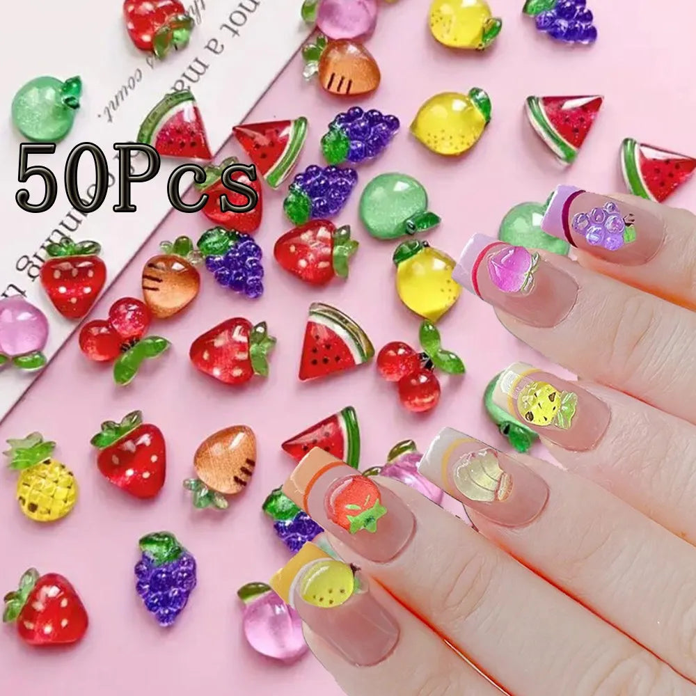 50pcs 3D Strawberry Cute Nail Charms Cartoon Fruit Flatback Resin Rhinestone Gems Red Strawberry Designs Nail Decoration Jewelry