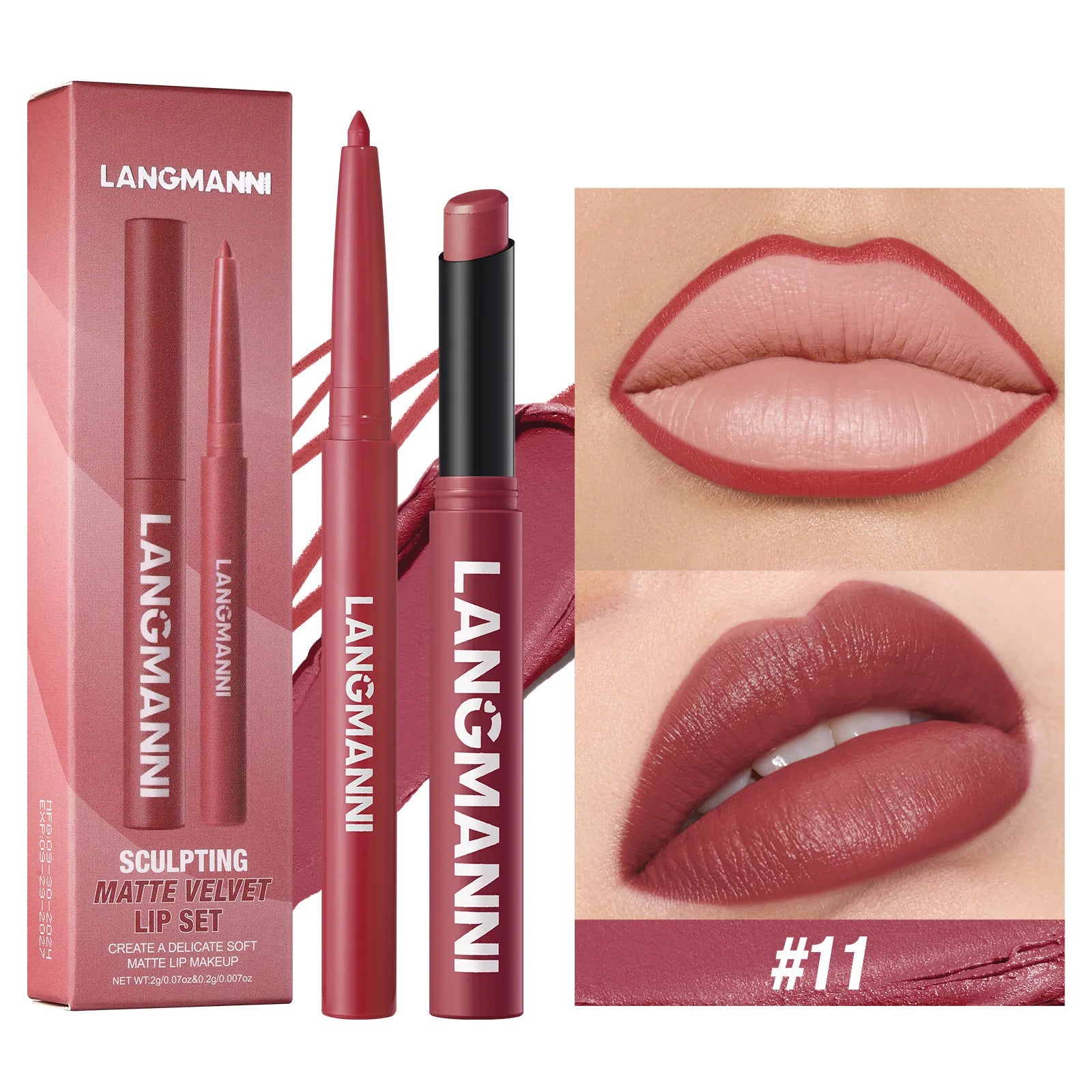 2Pcs/set Matte Soft Mist Slanted Mouth Lipstick + Lip Liner Set Combo Light Matte and Non-Drying Waterproof Non-Stick Lip Set