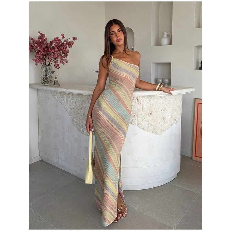 Color Blocked Knitted Long Dress Women Elegant Off Shoulder Corset High Split Vestidos 2026 Lady Daily Beach Vacation Wear New