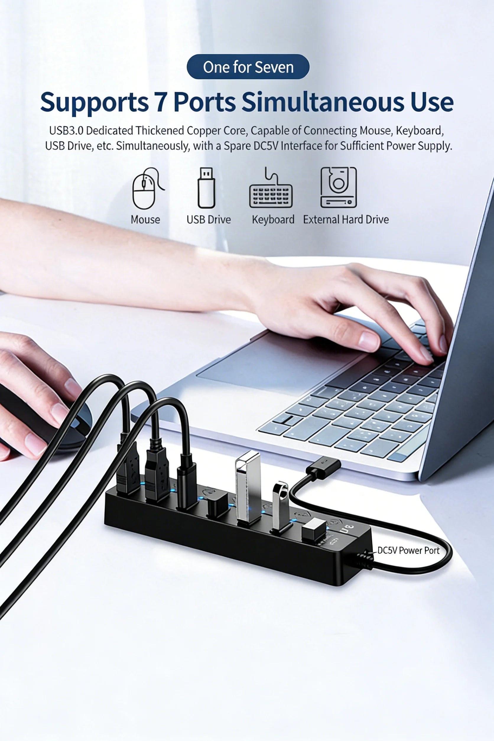 4/7-Port USB 3.0 Hub with LED Indicator Independent Switch Control for Laptop Flash Drive Hard Disk Printer Camera Keyboard