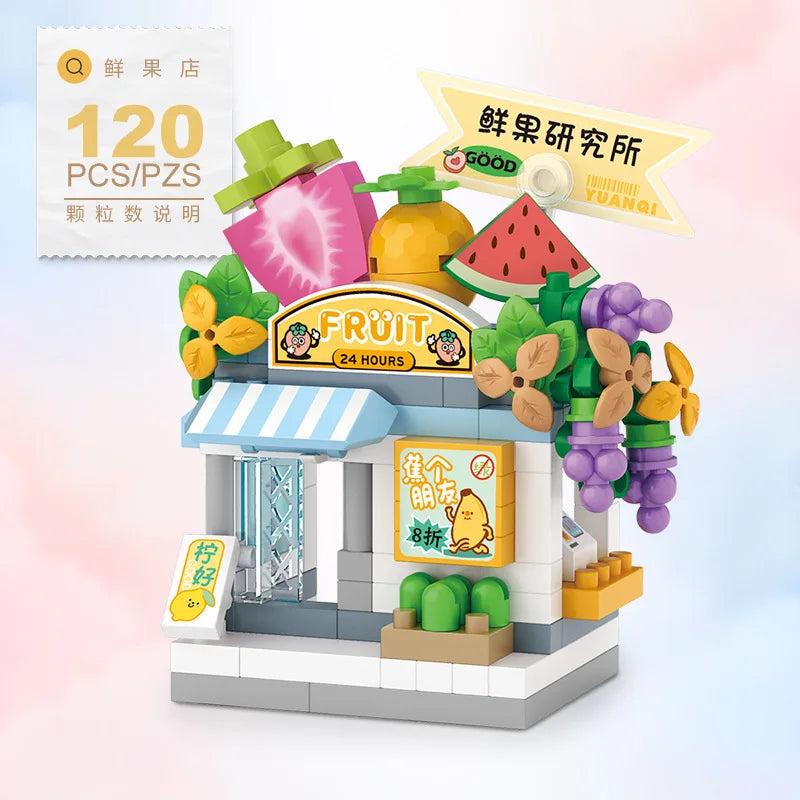 NEW Restaurant Dessert Coffee Pet Fruit Store Street View Food House Building Blocks Kit  Bricks Model Toy