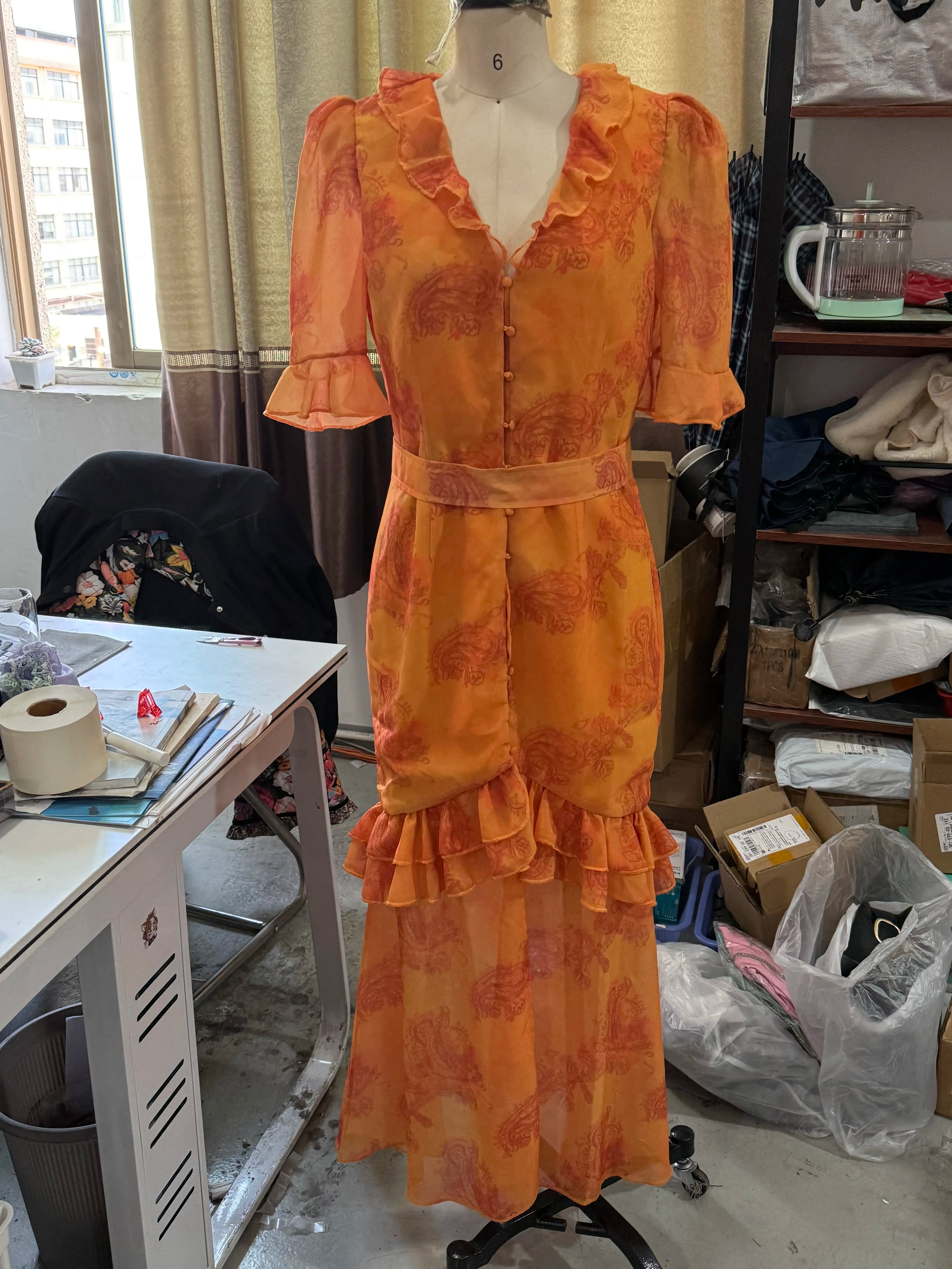 V Neck High Split Half Sleeve Slim Long Dress Print Waist Cinching Ruffle Hem Maxi Robes 2026 Women Party Vacation Vestidos