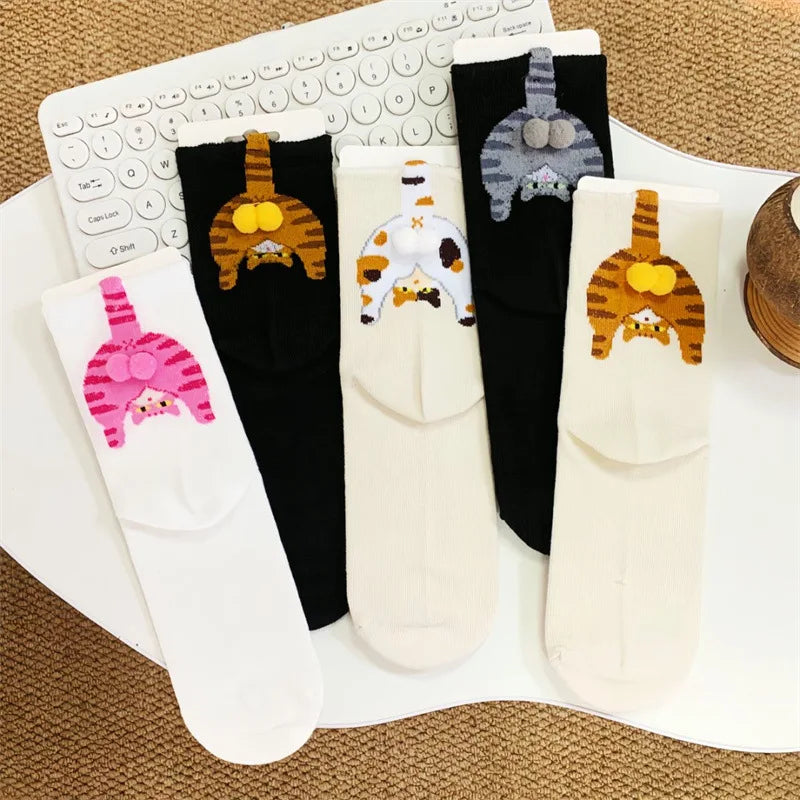 Cartoon Cat Egg Couple Socks Cozy Mid-Calf for Maternity Warm Winter Cute Present for Christmas Cat Lovers Family