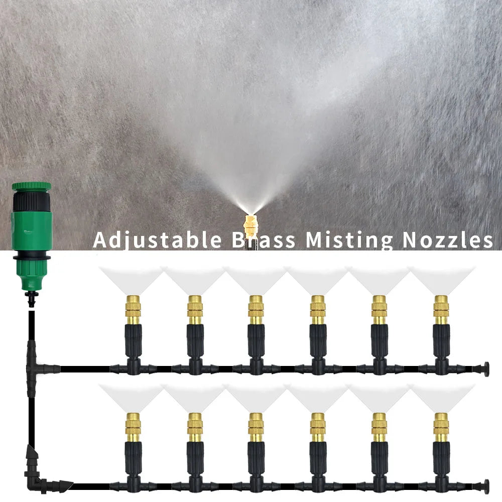15M-30M Outdoor Misting Cooling System Garden Irrigation Watering 1/4'' Brass Atomizer Nozzles 4/7mm Hose for Patio Greenhouse