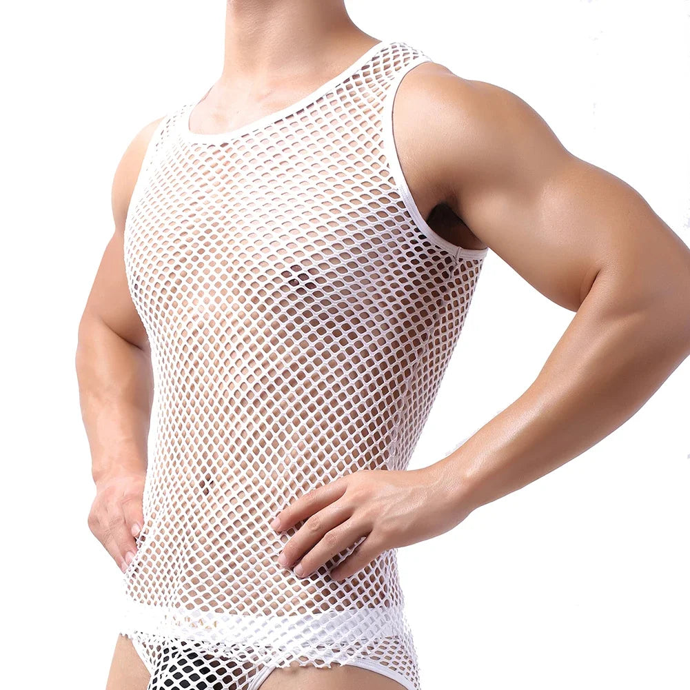 Fashion Tank Tops For Men Hollow Out Undershirt Mesh Breathable Sleeveless Vest