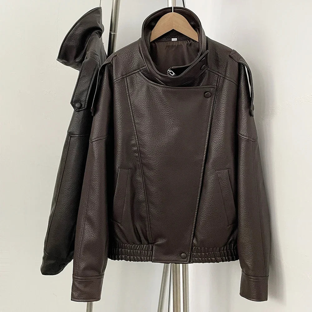 Fake leather Coat Women Y2k Faux Leather Jacket New Casual PU Jacket Motorcycle Style Leather Jacket Pebble Fall Personality