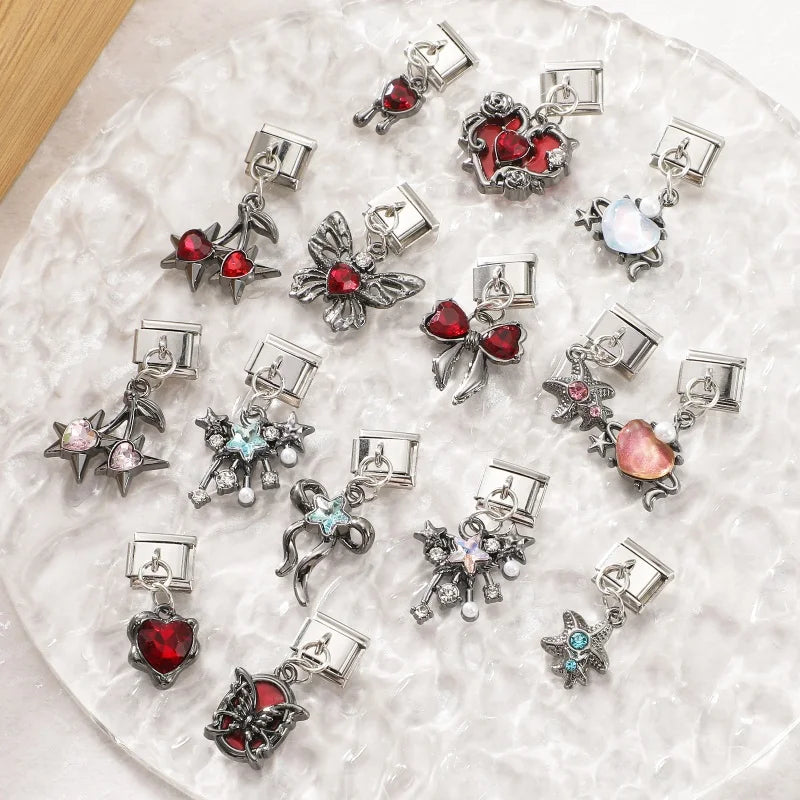 Red Sweet Cute Hollow Bow Knot Leaf Butterfly Rose Italian Charm Links Fit 9mm Stainless Steel Bracelet Jewelry DIY Making Gifts